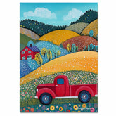 Red Vintage Truck in Blooming Countryside with Rolling Hills – Colorful Folk Art Landscape on Ready to Hang 1.5" Thick Canvas Wrap, Floating Framed Canvas, Flat Rolled Canvas